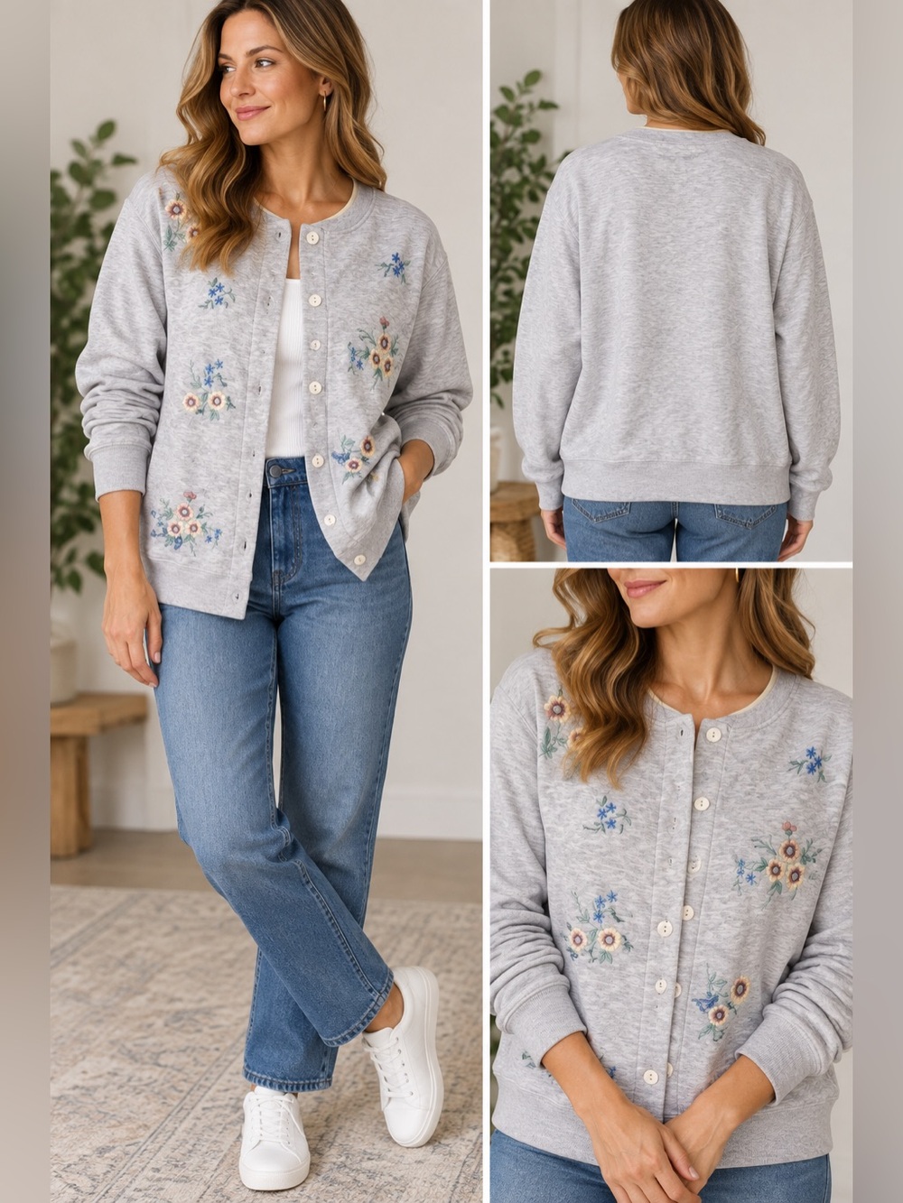 Vtg Shenanigans Floral Embroidered Sweatshirt Cardigan Gray Cottagecore M Granny